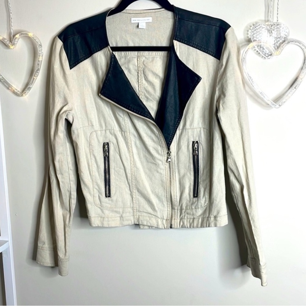 New York & Company Faux Leather Moto Jacket with Pockets - Black/Tan